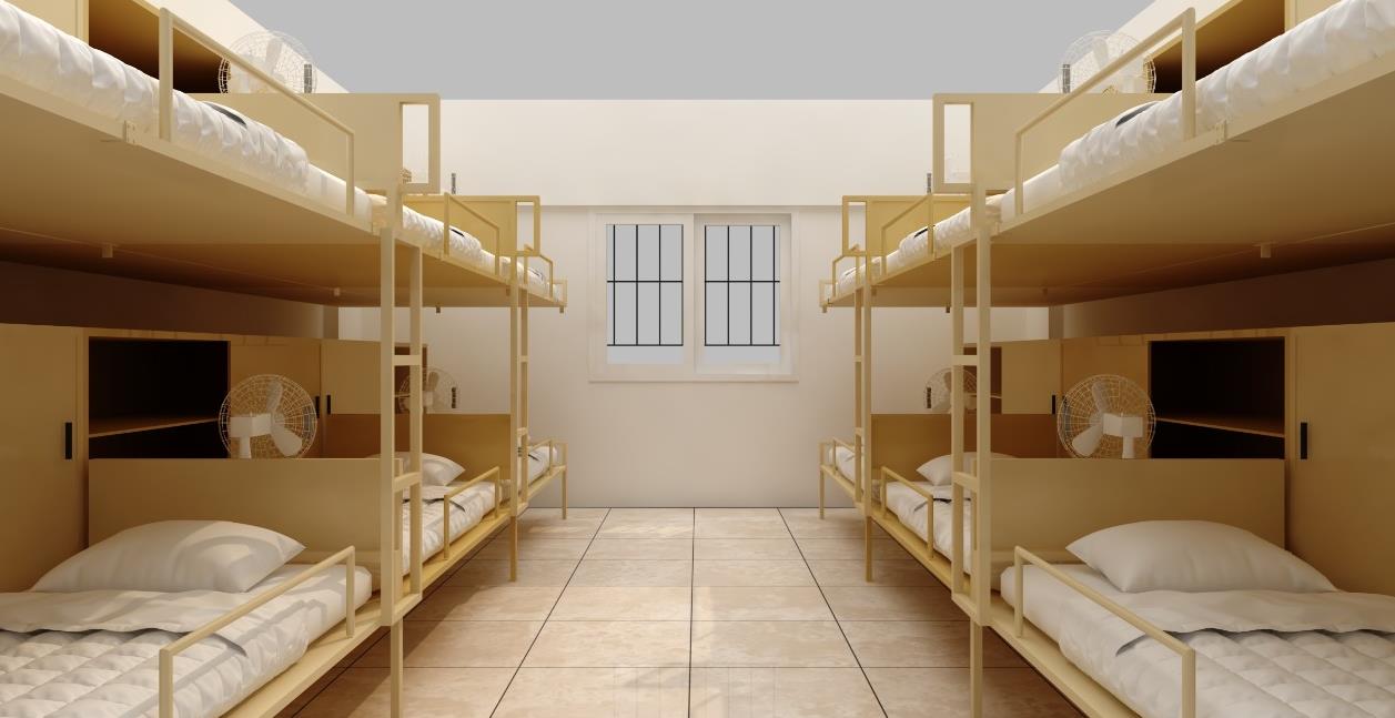Inside a SAFE dormitory room — 8 bunk beds, climate controlled